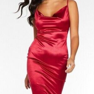 NWOT red satin cowl neck midi cocktail dress